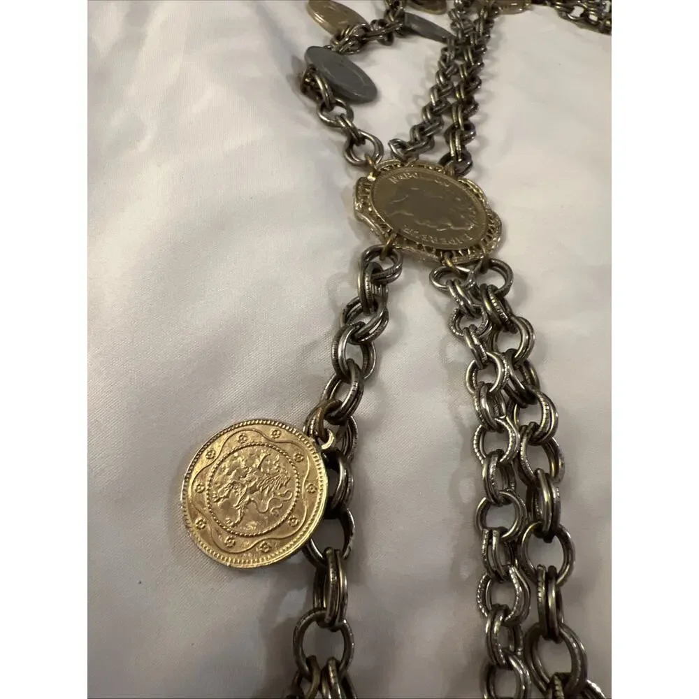 Vtg 1960s Napoleon III Coin Festoon Necklace Multi Strand Revival Runway Piece